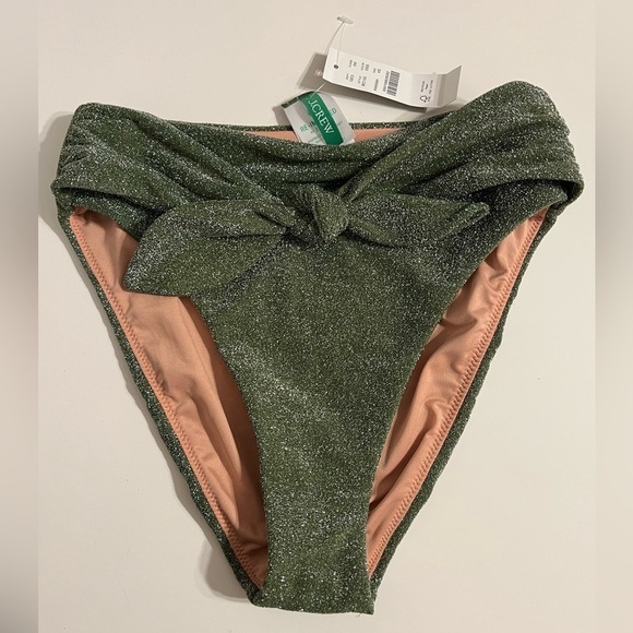 NWT J.Crew high-cut tie-waist bikini bottom seaweed green w/ glitter XS - Picture 3 of 7